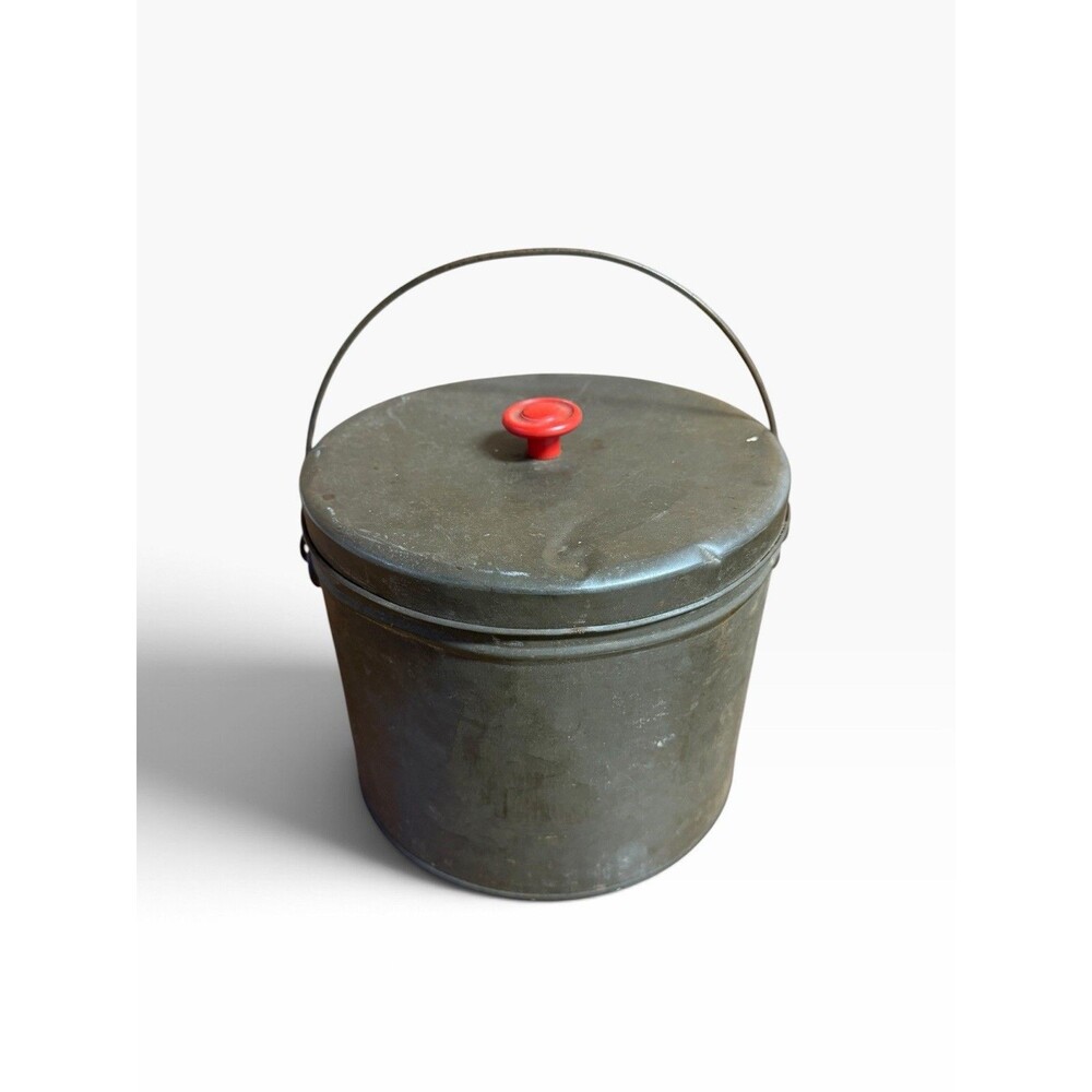 Vtg Early Gray Enamel Agate Ware Berry Pail Tin Lid Lunch Bucket W/ Red Knob